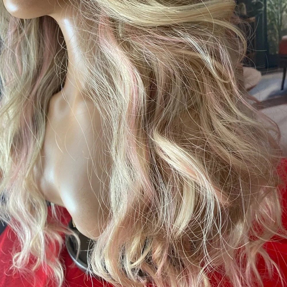 NEW Pink ribbon Highlights Center lace blonde wig-
